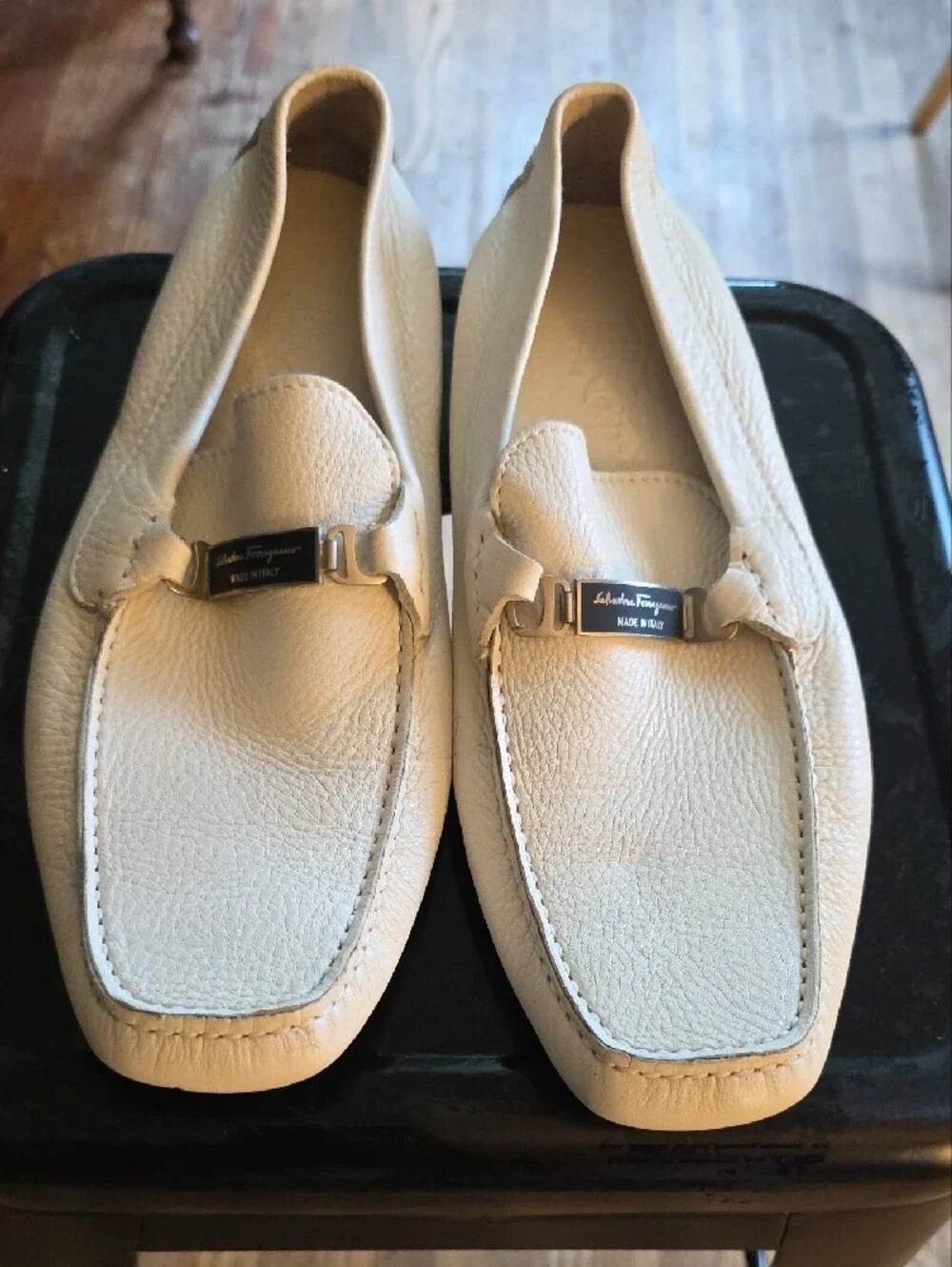Salvatore Ferragamo Cream Leather Horsebit Loafers